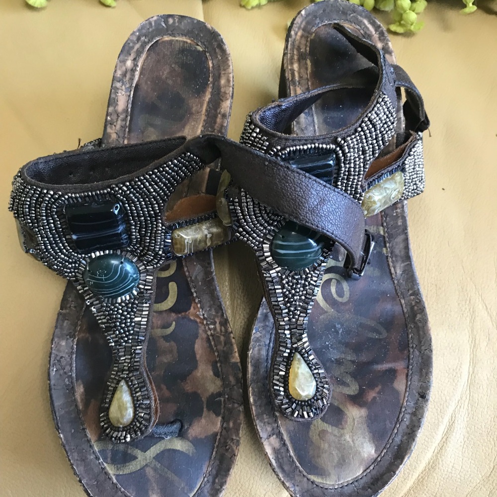 SAM EDELMAN beaded and jeweled wedged sandals